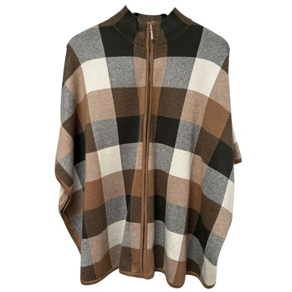 TAHARI Poncho Sweater S/M Zip Front Tan Olive Plaid Mock Neck Cape - Picture 1 of 10